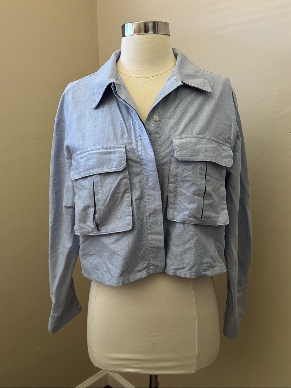 Zara Light Blue Utility Crop Button-Down Shirt